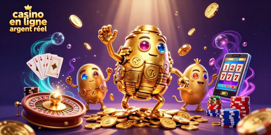 Jouez et gagnez au casino en ligne argent réel avec des personnages colorés dans une scène animée.