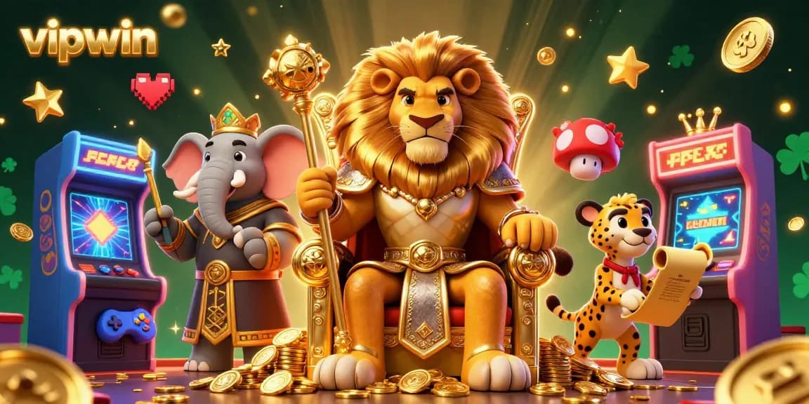 Experience exciting gameplay at vipwin, where the fierce lion king reigns in a vibrant, casino-themed 3D scene.
