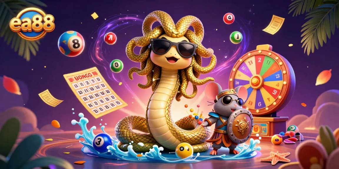 Engage with exciting ea88 gaming elements featuring a friendly Medusa and a brave mouse amid vibrant lottery activities.
