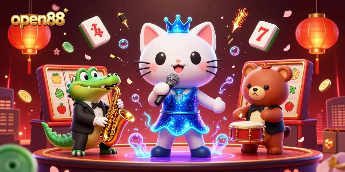 Experience thrilling wins with open88 in this vibrant 3D casino illustration featuring lively characters.