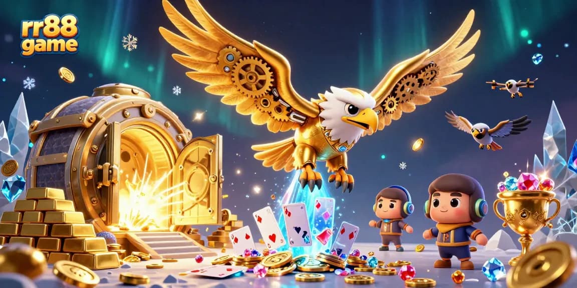 Experience the thrilling rr88 game with a cybernetic eagle amidst sparkling treasure and gaming excitement.