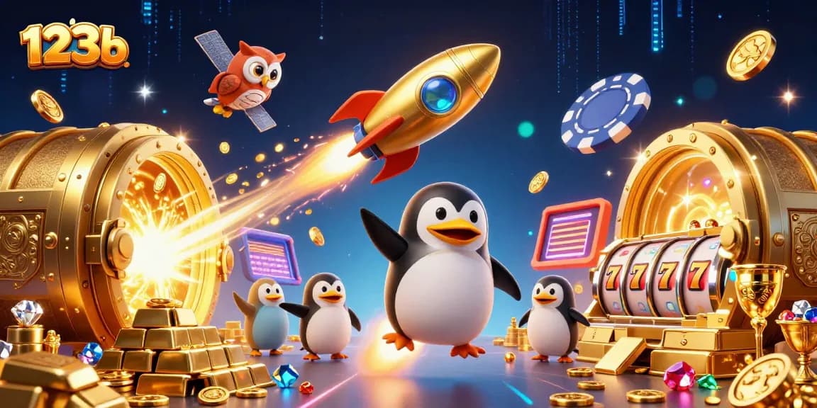 Experience the excitement of 123b with a golden penguin soaring toward a vibrant casino!
