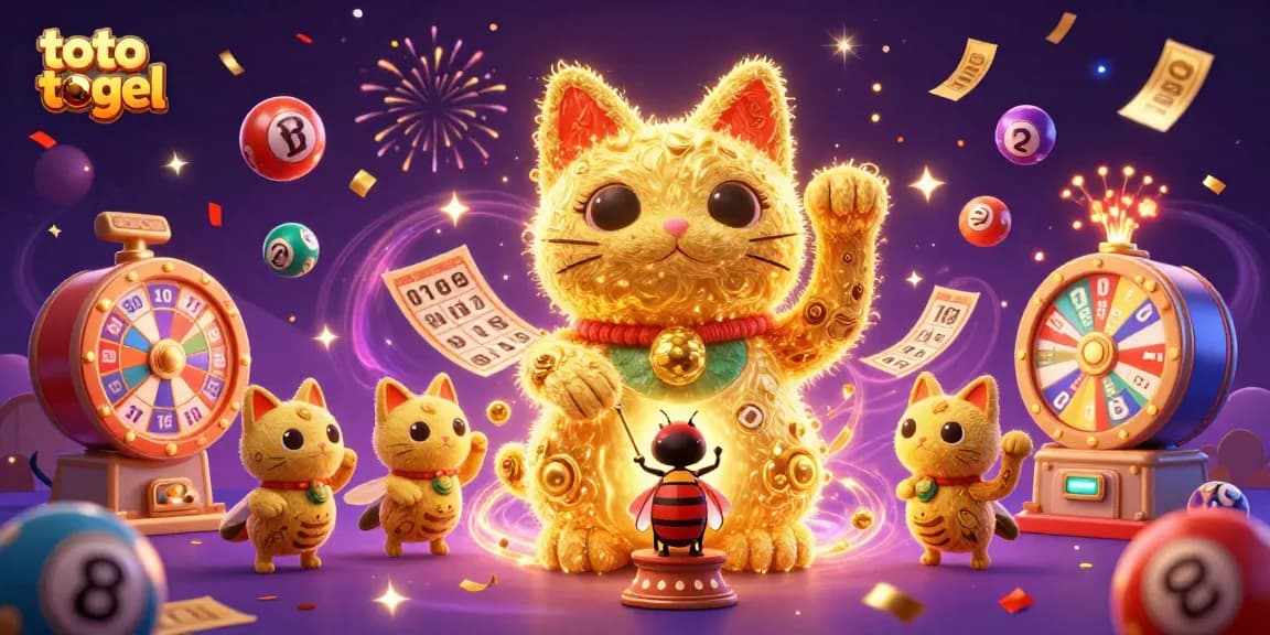 Gambar toto togel yang dinamis dengan karakter kucing keberuntungan dan banyak bola lotere yang melambung.