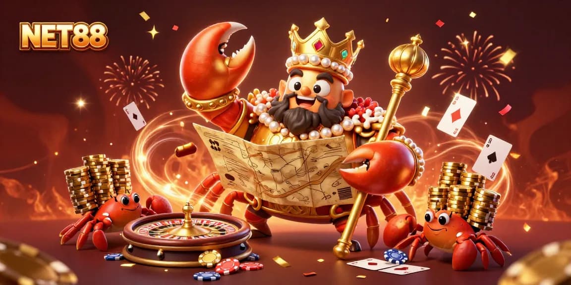 Experience NET88's vibrant casino atmosphere featuring a regal crab emperor amidst poker elements.
