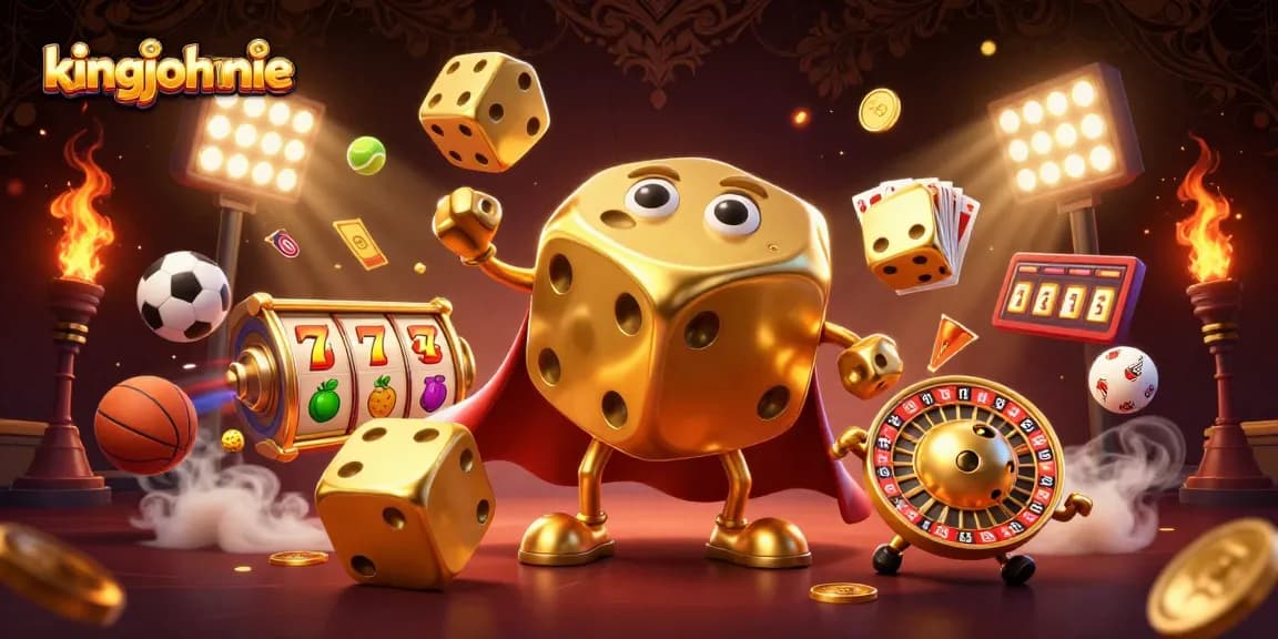 Engage with the kingjohnnie casino featuring a dynamic scene of golden dice and sports elements.