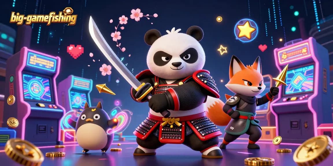 Join the big-gamefishing action with a dynamic scene of samurai panda, ninja fox, and spirit tanuki.
