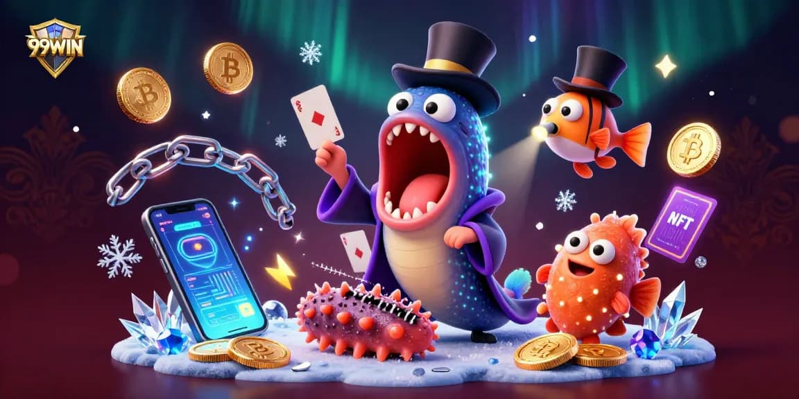 Experience thrilling 99WIN gameplay with a bioluminescent eel and anglerfish performing magic amidst cryptocurrencies.