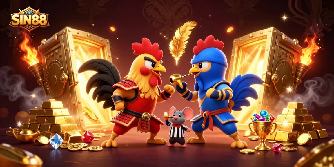 SIN88 showcases a dramatic standoff between fighting roosters in a vibrant casino context.