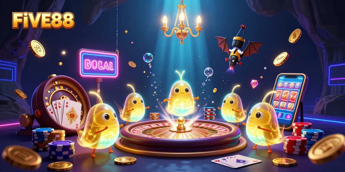 Experience exciting FIVE88 gaming with glowing glowworms, golden coins, and vibrant casino elements.