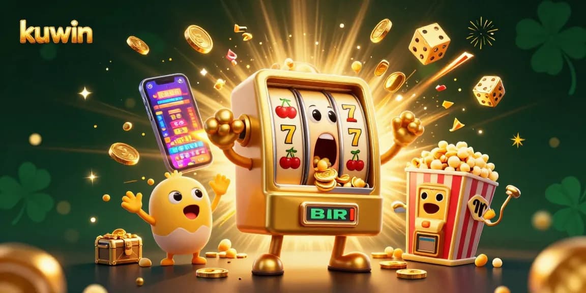 Kuwin's exciting casino illustration with a golden slot machine hitting a jackpot while baby slot machines cheer and coins scatter.