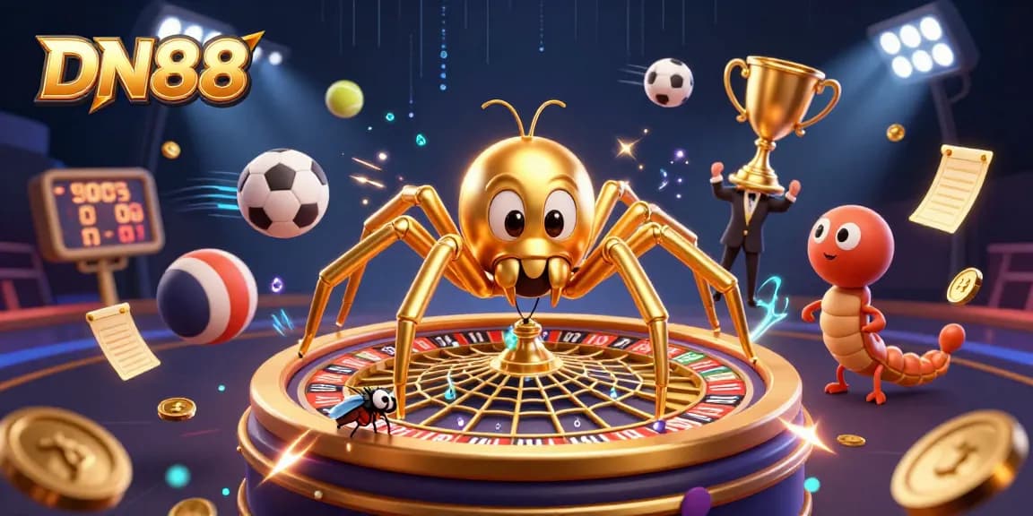 Place bets at the DN88 casino with a dynamic roulette wheel spinning and a fly nervously gambling.