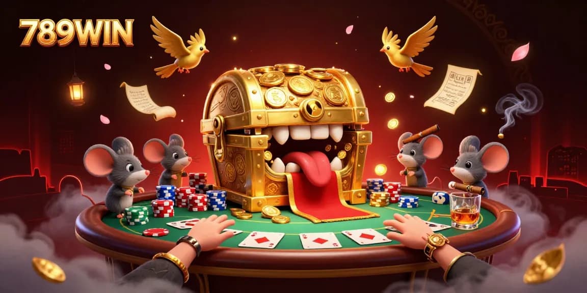 Engage with 789WIN's vibrant casino scene featuring treasure chests and poker action.