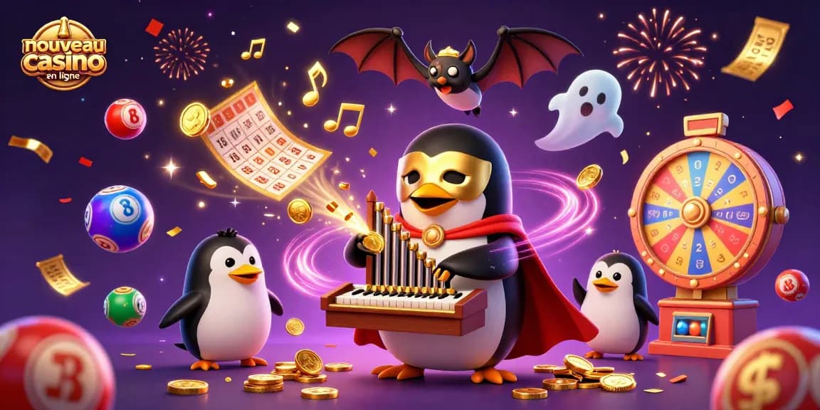 Visuel d'un nouveau casino en ligne avec un pingouin fantôme en train de jouer un orgue, projetant des pièces d'or.