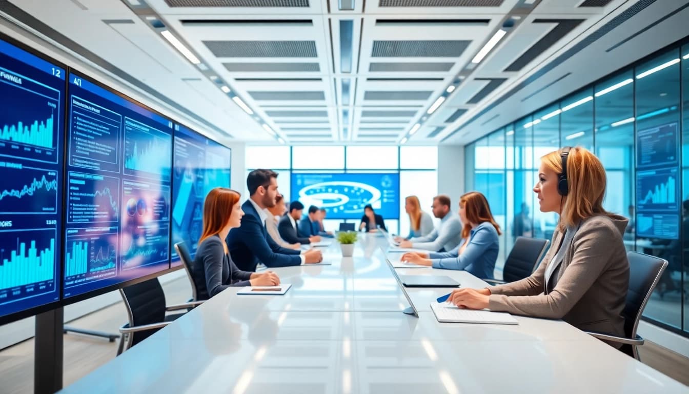 AI agents facilitating collaboration in a professional environment with advanced technology.