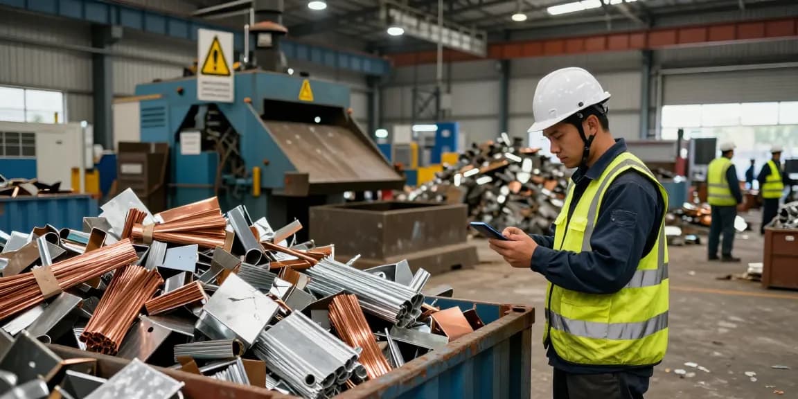 Proses pengolahan logam bekas di NAGA2000, https://www.scrapsolutionplace.com/ dengan pekerja memeriksa kualitas logam dalam lingkungan industri yang aman.