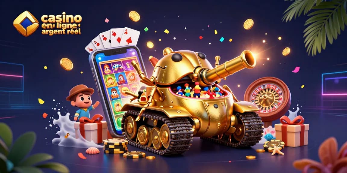 Des joueurs dans un casino miniature à l'intérieur d'un char avec des pièces d'or, illustrant le casino en ligne argent réel.