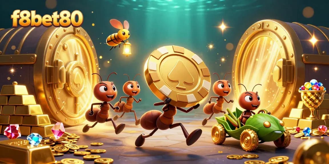 Engage with the f8bet80 casino adventure as ants steal a giant poker chip in a dazzling scene.