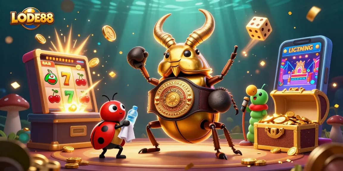 Experience LODE88 with thrilling slot machine adventures featuring a uniquely designed beetle champion.