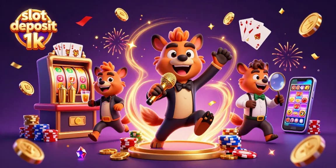 Slot deposit 1k menampilkan hyena lucu bermain kasino dengan mesin slot beruntung.