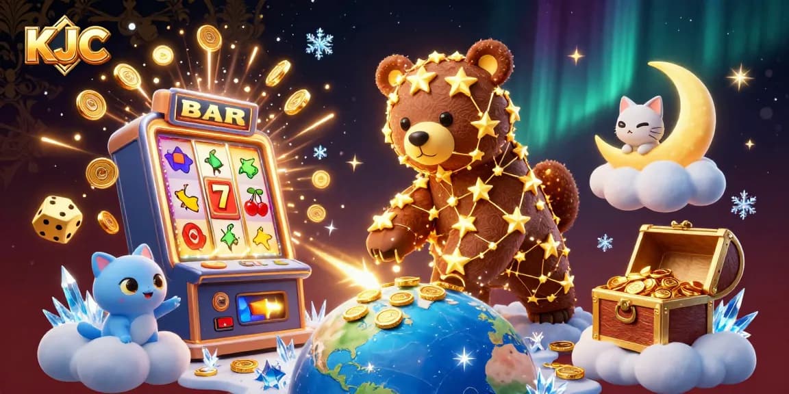 KJC bears collecting coins in a vibrant casino scene, showcasing a dynamic slot machine and festive atmosphere.