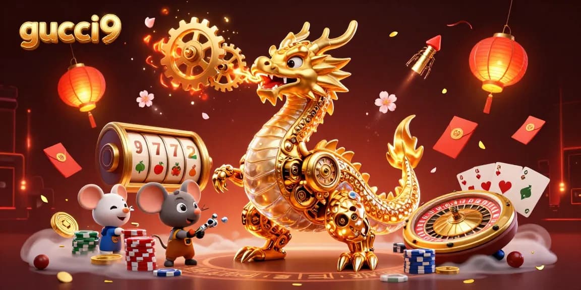 Join the excitement of gucci9 as a golden dragon unleashes winning spins in a vibrant casino scene.