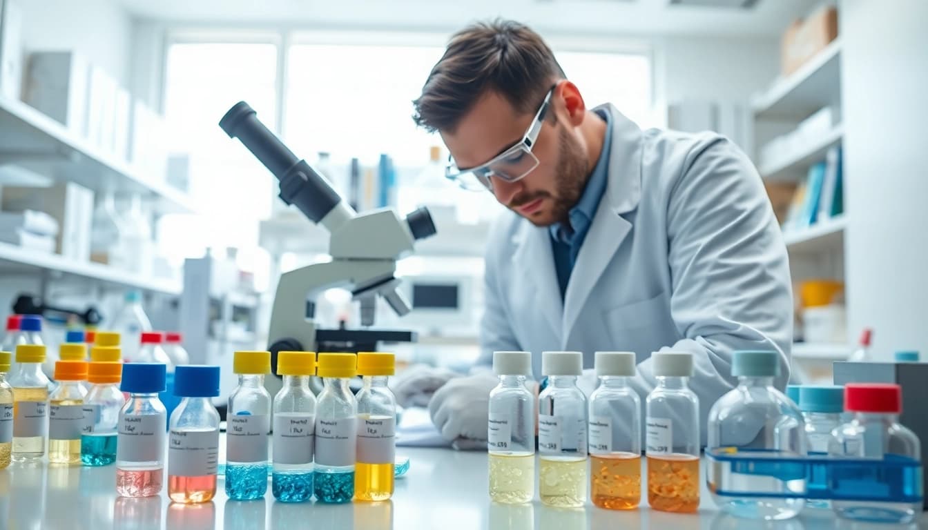 Explore peptides for sale in a vibrant laboratory setting with researchers examining samples.