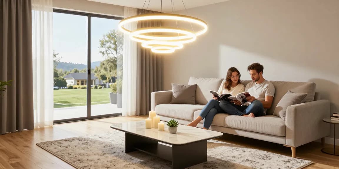 Lustra LED elegantă iluminând un living modern cu decor contemporan.