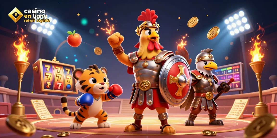 Un coq gladiateur dans une arène, créant un casino en ligne retrait rapide plein de détails.