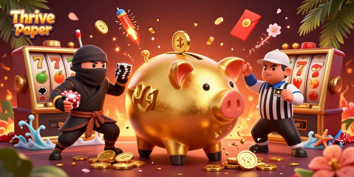 Engage with Thrive Paper's vibrant gambling scene featuring a golden sumo wrestler and ninja characters in action.