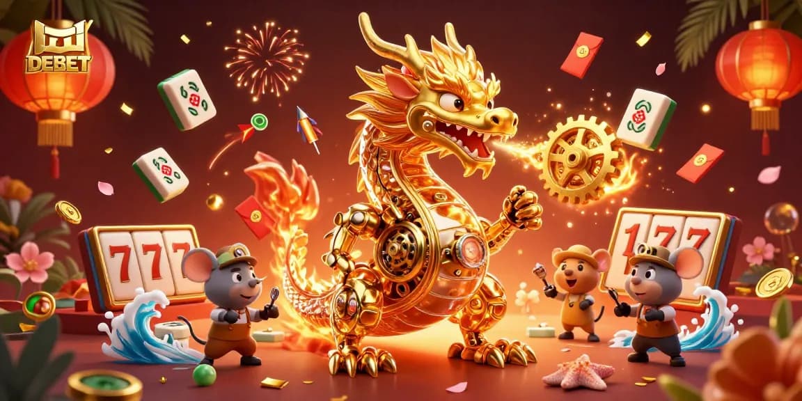 Engage with DEBET in an action-packed 3D casino scene featuring a golden dragon.