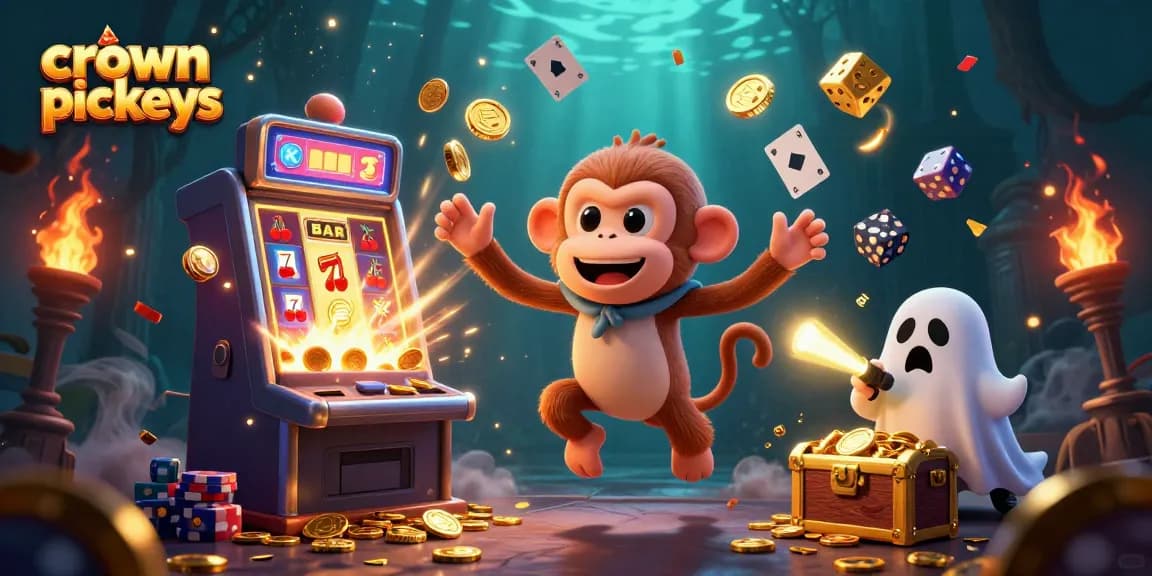 Crown pokies showcase with a mischievous poltergeist monkey and a ghost-hunter puppy in a dynamic casino scene.