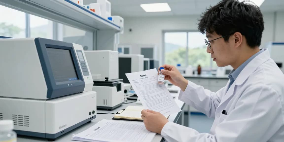 Scientist analyzing COA-documented peptide stack in a laboratory setting