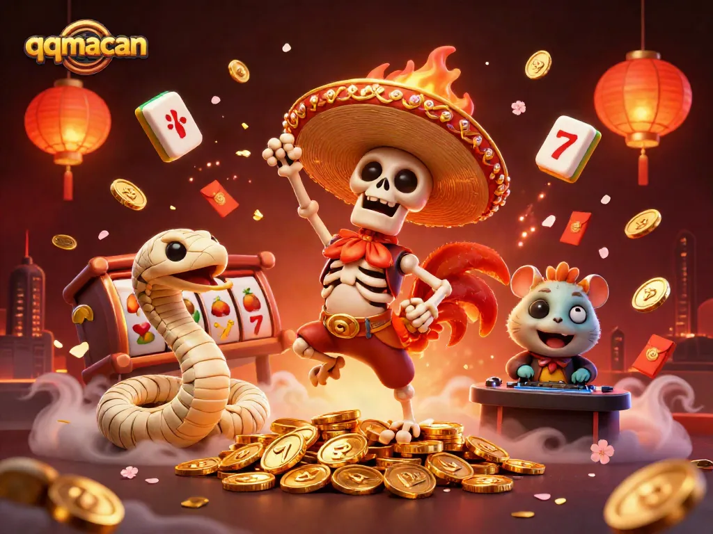 Engage in thrilling QQMacan slots with dynamic characters celebrating a jackpot.