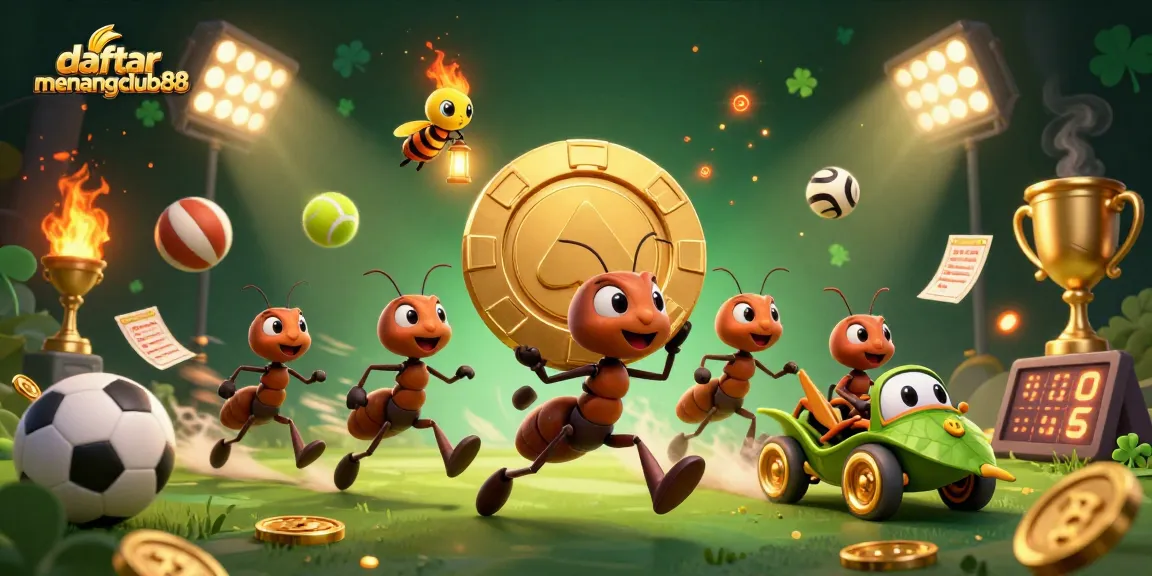 Engage with daftar menangclub88 as cartoon ants execute a heist carrying a giant poker chip in a vibrant casino scene.
