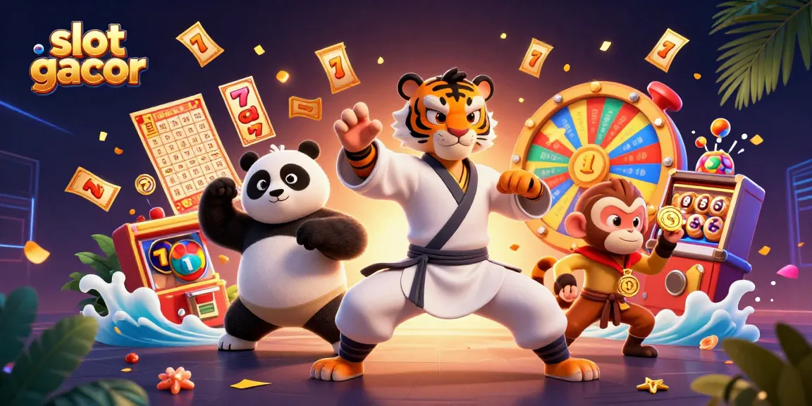 Engaging 3D illustration of slot gacor themes with cartoon characters celebrating jackpot wins amidst colorful casino elements.