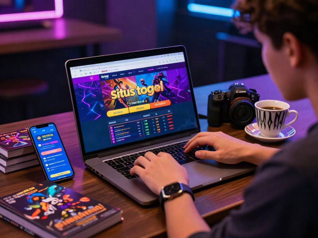 Engaged bettor using laptop for situs togel betting, vibrant digital setting with strategy books and coffee.