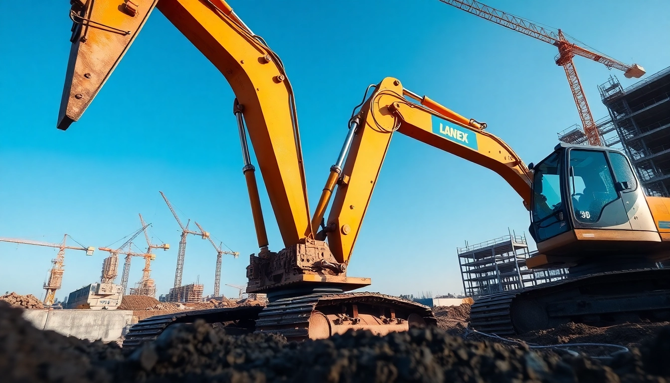Excavator digging at a construction site with detailed machinery features.