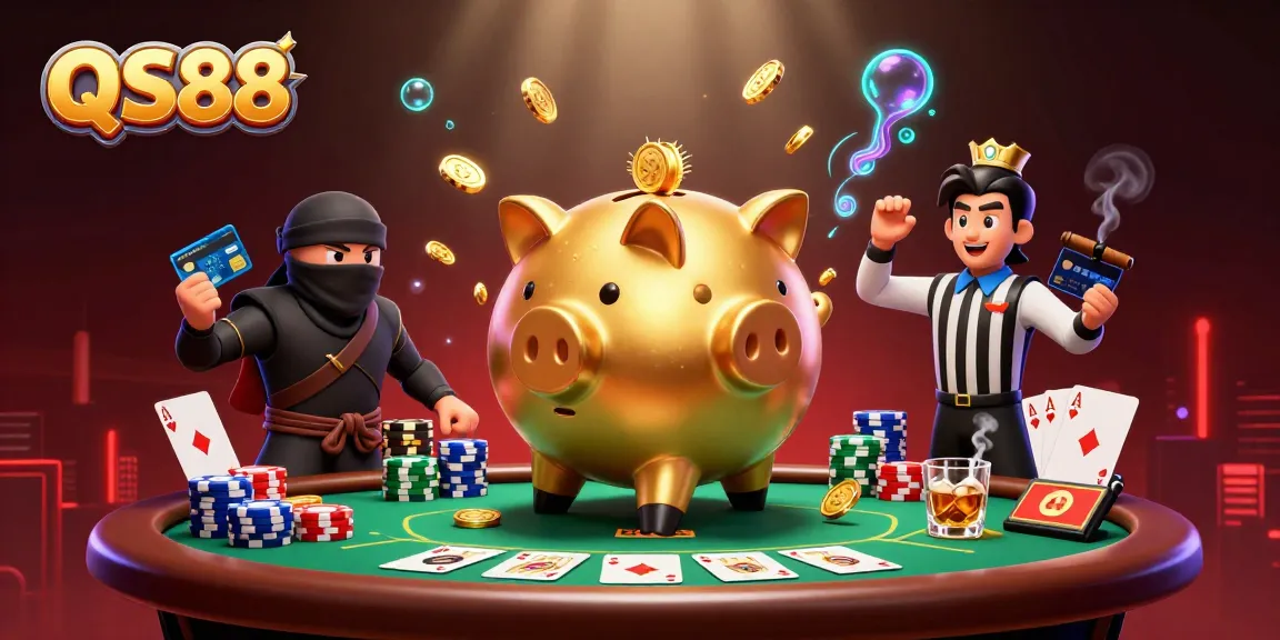 Experience the excitement of QS88 with a 3D illustration of a sumo wrestler piggy bank amongst iconic casino elements.