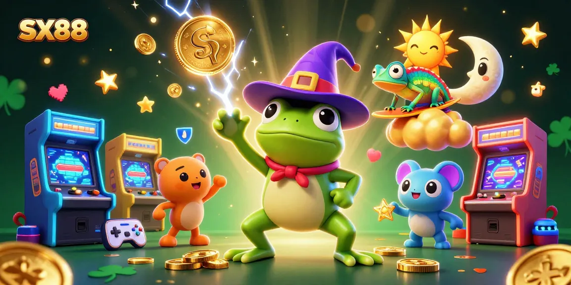 SX88 showcases a magical scene with a wizard frog and chameleon amidst golden coins and casino elements.