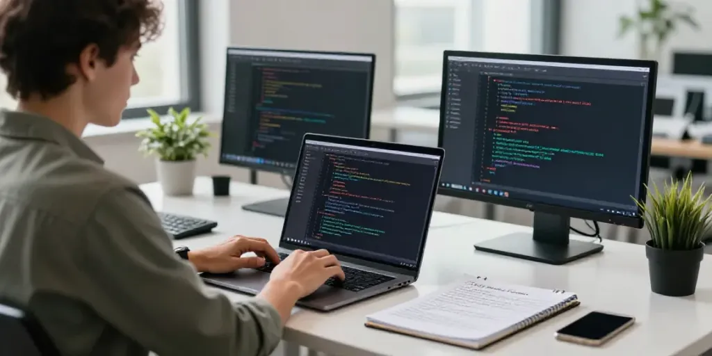 Generate German text with AI in a modern workspace scene featuring a focused software engineer.