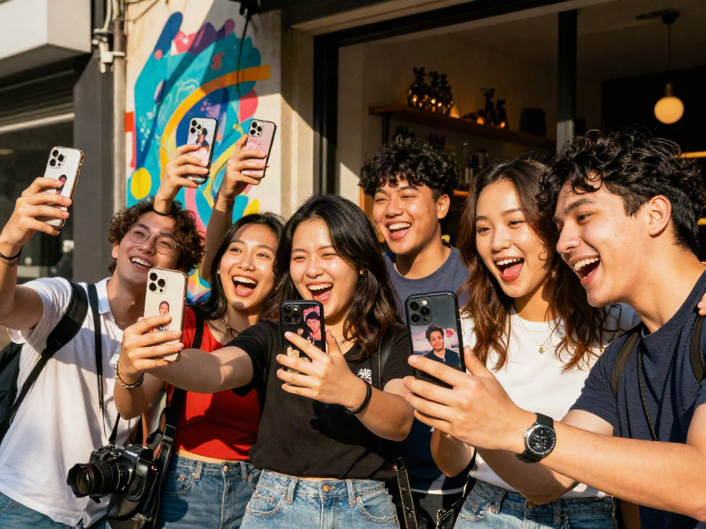 Group of friends discovering their celebrity look alike using an app in a vibrant urban setting.