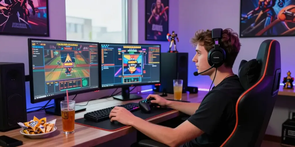 Engaging home gaming setup showcasing slot gacor gameplay with vibrant LED lights.