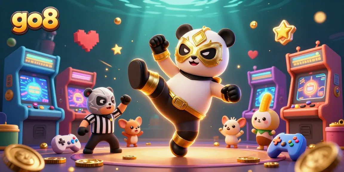 Experience thrilling moments at go8 with a dynamic scene of a wrestling panda and casino elements.