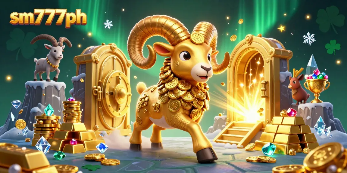sm777ph showcases a massive golden ram charging through a treasure vault brimming with riches.