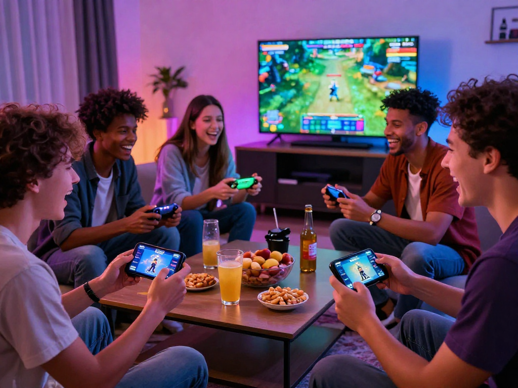 Tải xuống ứng dụng Jin88 với nhóm bạn đang vui vẻ trong không gian chơi game sống động.