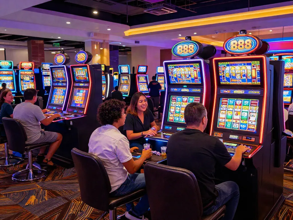 Players enjoying slot88 machines in a lively casino environment.
