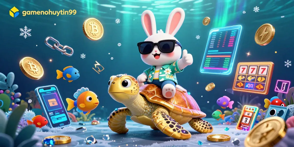 Spin the reels with gamenohuuytin99's vibrant casino scene featuring crypto coins and lively characters.