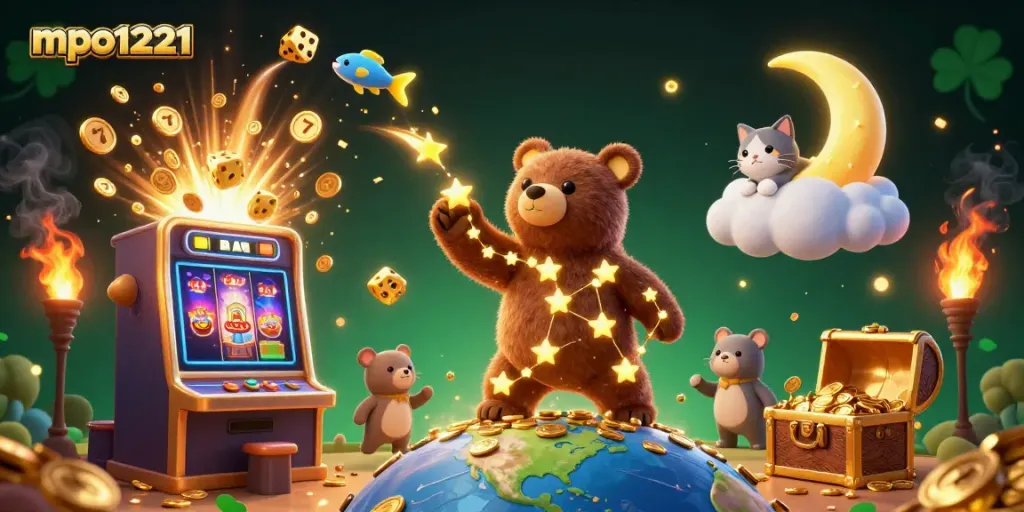 Engage with mpo1221's vibrant gaming world, featuring a constellation bear and dynamic slot machines.