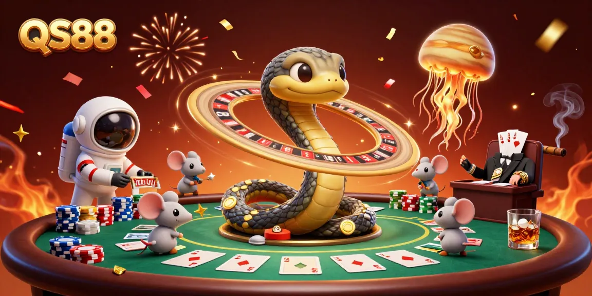 Experience the thrill of QS88 with astronaut mice placing bets on a cosmic roulette wheel.