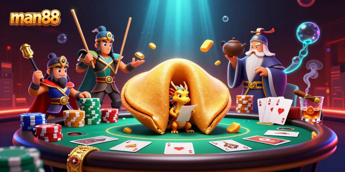 Engage with man88 at a vibrant casino scene featuring an enchanting golden fortune cookie.